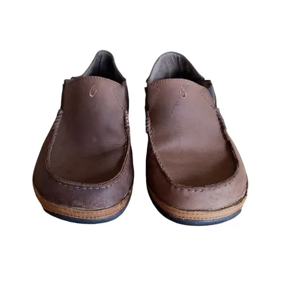 Olukai Men's Moloa Brown Leather Slip On Shoes Size 10 Loafers Boat Shoes