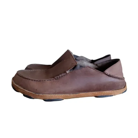 Olukai Men's Moloa Brown Leather Slip On Shoes Size 10 Loafers Boat Shoes
