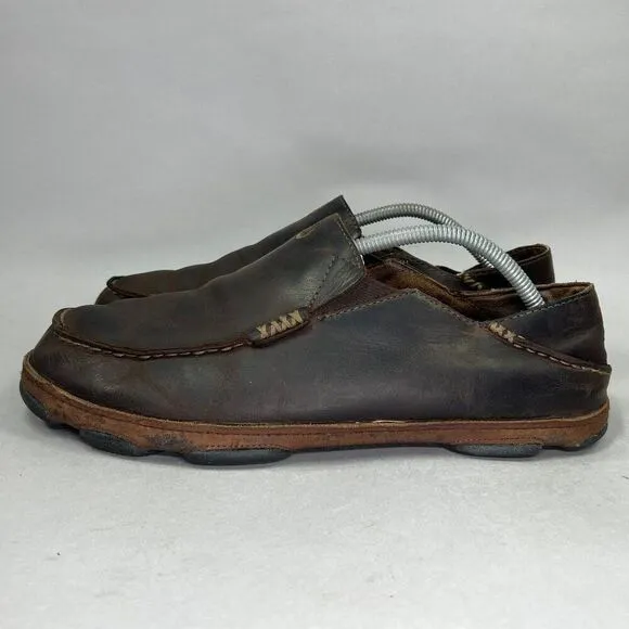 Olukai Men's Size 10.5 Moloa Brown Leather Slip On Shoes