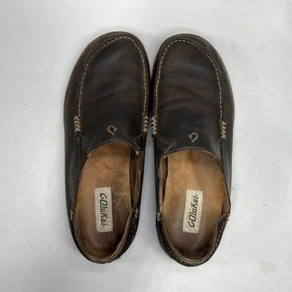 Olukai Men's Size 10.5 Moloa Brown Leather Slip On Shoes