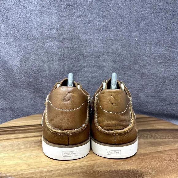 Olukai Moku Brown Leather Boat Loafer Mens Size 9.5 Low Slip On Shoes Sneakers