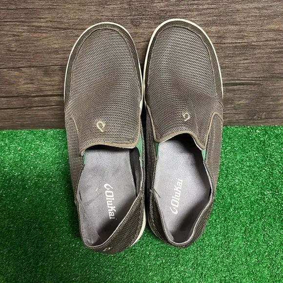 Olukai Nohea Mesh Slip On Boat Shoes Mustang Lime Brown Grey Men’s‎ Size 10