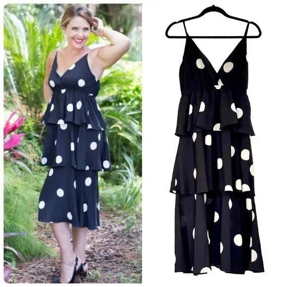 O.p.t Cava Black and White Polka Dot Tiered Sun Dress Size Large NWT