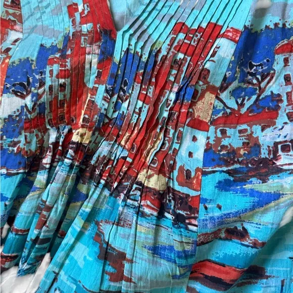 ORIENTQUE Australia Womens Retro Boat Print Crinkle Cotton Dress Size Small