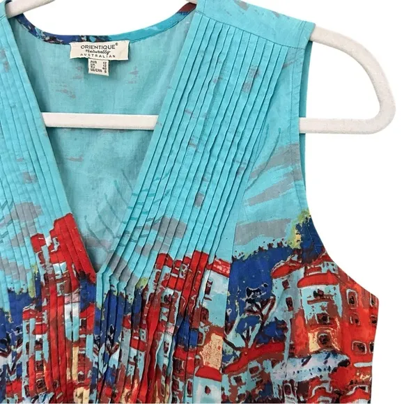 ORIENTQUE Australia Womens Retro Boat Print Crinkle Cotton Dress Size Small