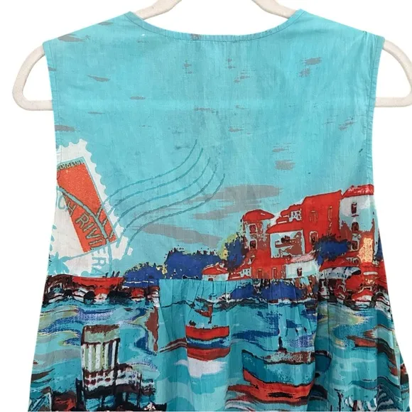 ORIENTQUE Australia Womens Retro Boat Print Crinkle Cotton Dress Size Small