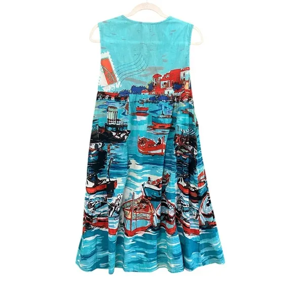 ORIENTQUE Australia Womens Retro Boat Print Crinkle Cotton Dress Size Small