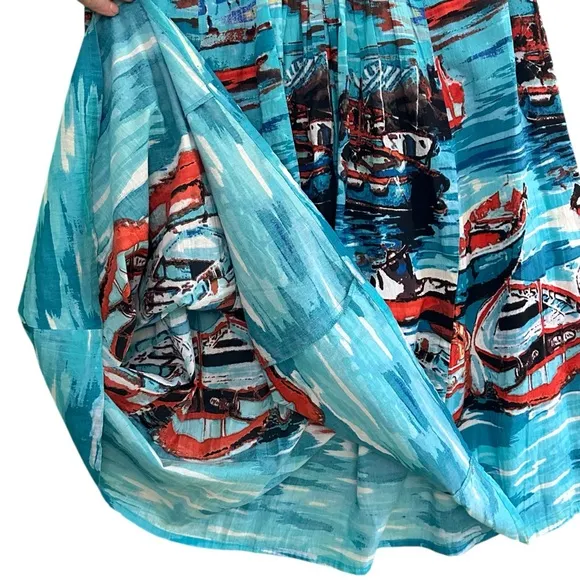 ORIENTQUE Australia Womens Retro Boat Print Crinkle Cotton Dress Size Small