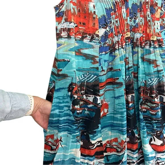 ORIENTQUE Australia Womens Retro Boat Print Crinkle Cotton Dress Size Small
