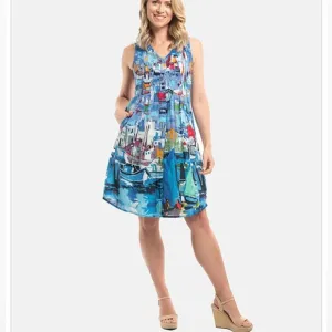ORIENTQUE Australia Womens Retro Boat Print Crinkle Cotton Dress Size Small