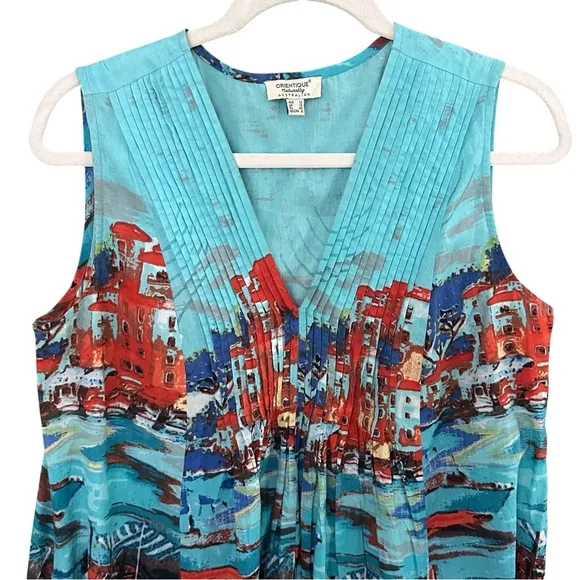 ORIENTQUE Australia Womens Retro Boat Print Crinkle Cotton Dress Size Small