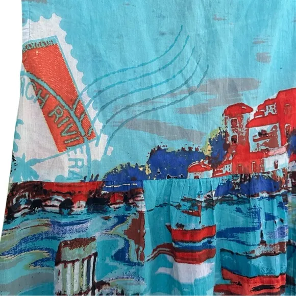 ORIENTQUE Australia Womens Retro Boat Print Crinkle Cotton Dress Size Small