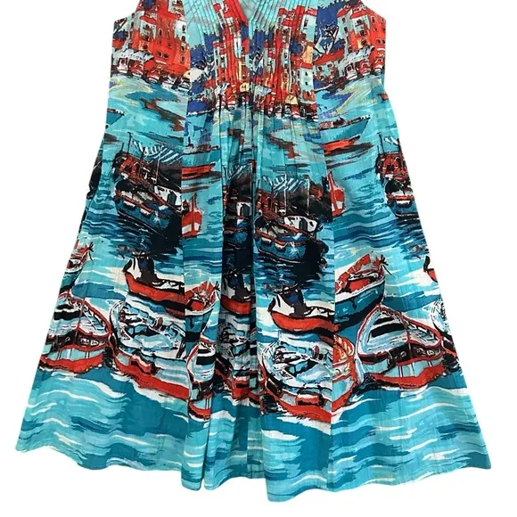 ORIENTQUE Australia Womens Retro Boat Print Crinkle Cotton Dress Size Small