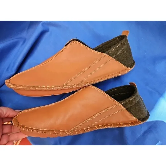 Orvis Leather Indoor/Outdoor Slippers Size 11 Moccasins COGNAC CAMEL BROWN
