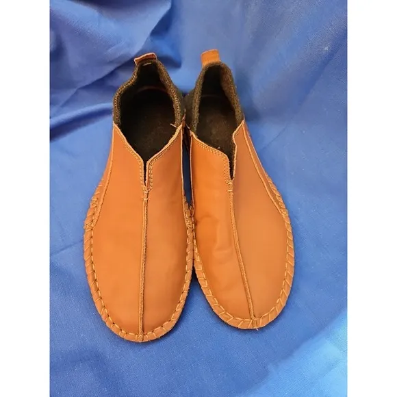 Orvis Leather Indoor/Outdoor Slippers Size 11 Moccasins COGNAC CAMEL BROWN