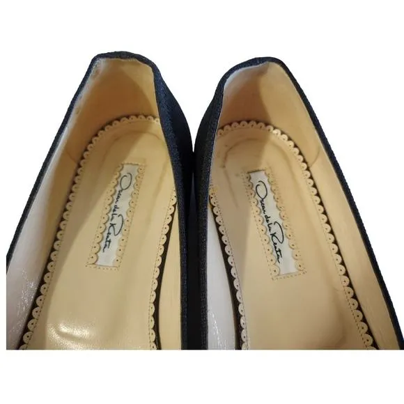 Oscar De La Renta Black Flats Retro Style Snakeskin Pointed Toe Shoes Size 38.5