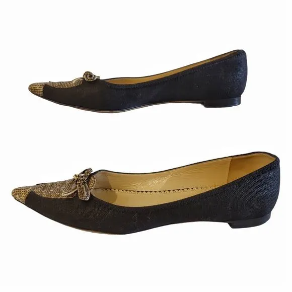 Oscar De La Renta Black Flats Retro Style Snakeskin Pointed Toe Shoes Size 38.5
