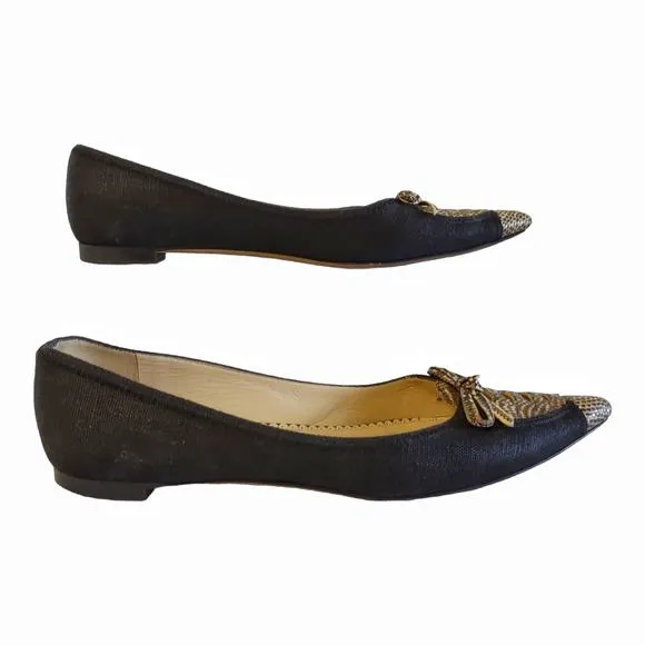Oscar De La Renta Black Flats Retro Style Snakeskin Pointed Toe Shoes Size 38.5