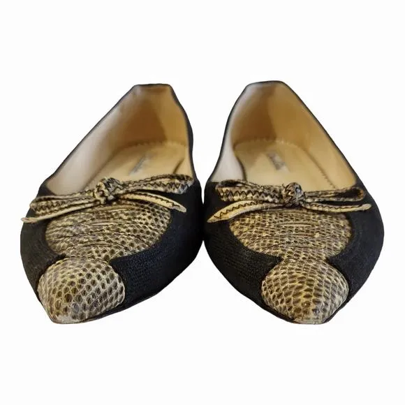Oscar De La Renta Black Flats Retro Style Snakeskin Pointed Toe Shoes Size 38.5