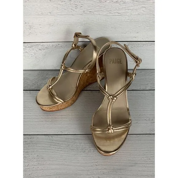 PAIGE Women's Size 8.5 Gold Leather Taylor Wedges Slingback Sandals Shoes $298