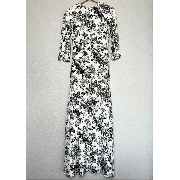 PAMELA BARISH Ivory Silk Vintage Floral Print 3/4 Sleeve Bias Cut Maxi Dress 2