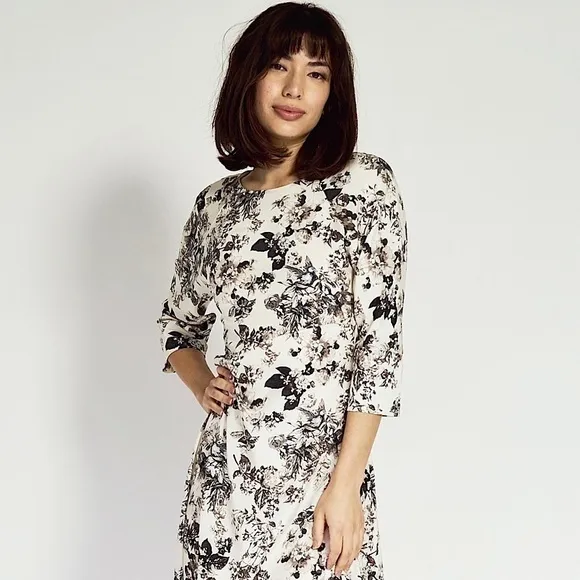 PAMELA BARISH Ivory Silk Vintage Floral Print 3/4 Sleeve Bias Cut Maxi Dress 2