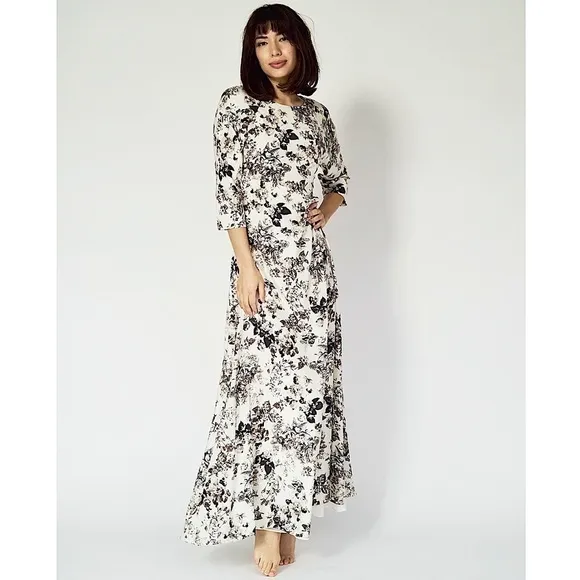 PAMELA BARISH Ivory Silk Vintage Floral Print 3/4 Sleeve Bias Cut Maxi Dress 2