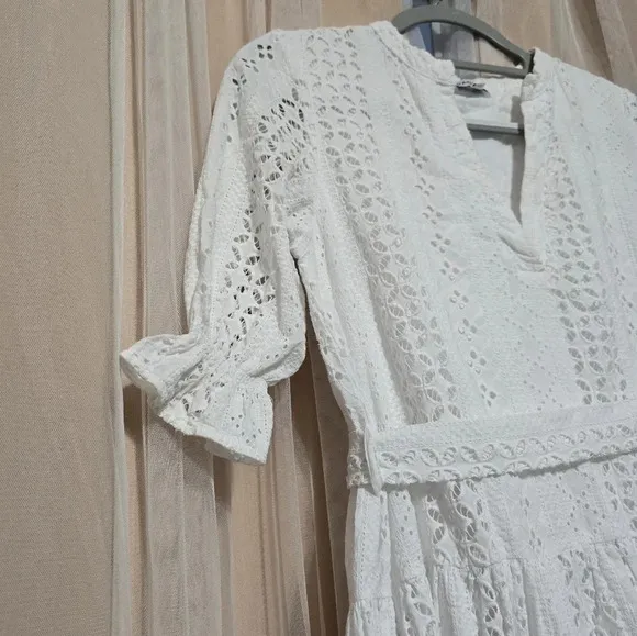 Paolita White Cotton Eyelet Fit &amp; Flare Mini Dress, 3/4 Ruffle Sleeves, EUC!