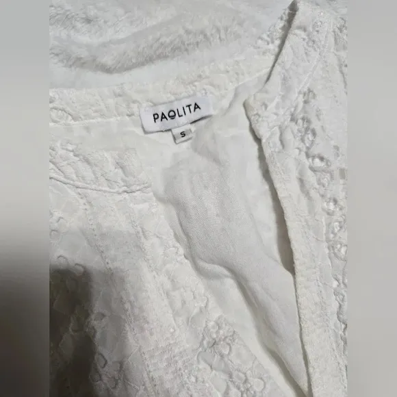 Paolita White Cotton Eyelet Fit &amp; Flare Mini Dress, 3/4 Ruffle Sleeves, EUC!