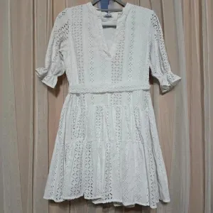 Paolita White Cotton Eyelet Fit &amp; Flare Mini Dress, 3/4 Ruffle Sleeves, EUC!