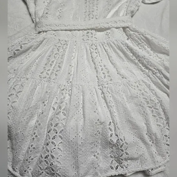 Paolita White Cotton Eyelet Fit &amp; Flare Mini Dress, 3/4 Ruffle Sleeves, EUC!