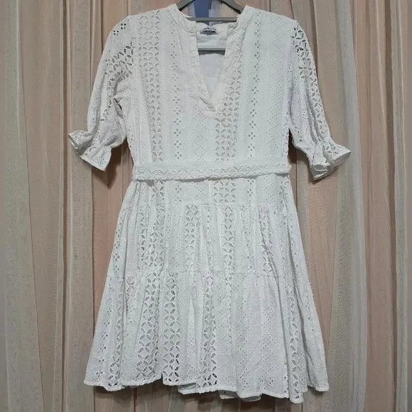Paolita White Cotton Eyelet Fit &amp; Flare Mini Dress, 3/4 Ruffle Sleeves, EUC!