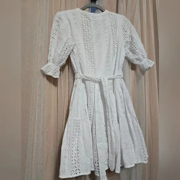 Paolita White Cotton Eyelet Fit &amp; Flare Mini Dress, 3/4 Ruffle Sleeves, EUC!