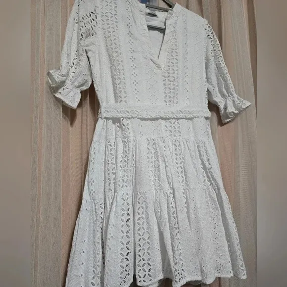 Paolita White Cotton Eyelet Fit &amp; Flare Mini Dress, 3/4 Ruffle Sleeves, EUC!