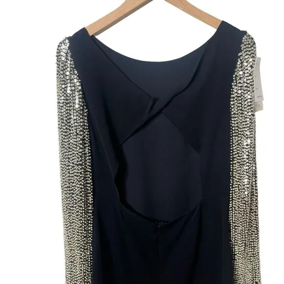 Parker Sequin Sleeve Open Back Cocktail Mini Dress Boat Neck Black Large