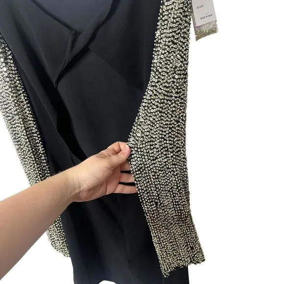Parker Sequin Sleeve Open Back Cocktail Mini Dress Boat Neck Black Large