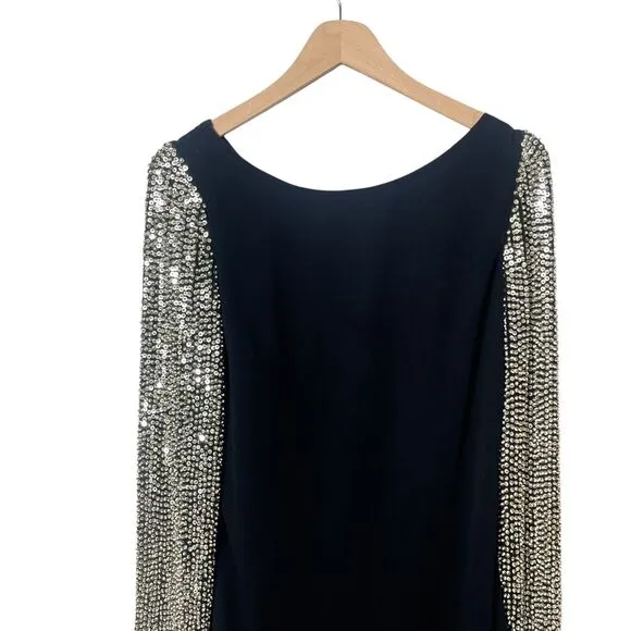 Parker Sequin Sleeve Open Back Cocktail Mini Dress Boat Neck Black Large