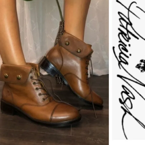 Patricia Nash Lia Leather Lace Up Fold Over Combat Ankle Boots