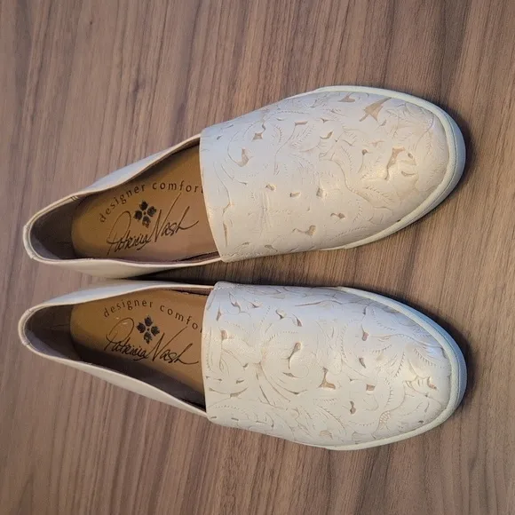 Patricia Nash Lola Tooled Leather Slip-On Flats-Ivory 8.5