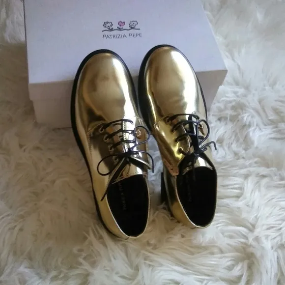 Patrizia Pepe Oxford Girls Gold Leather Derby Shoe