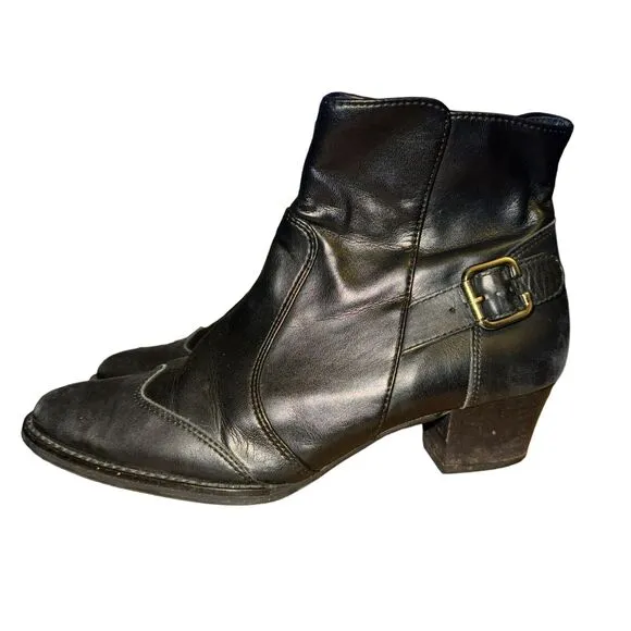 Paul Green Ankle Boots Women's Size 7 Black Leather Wingtip Buckle Side Zip