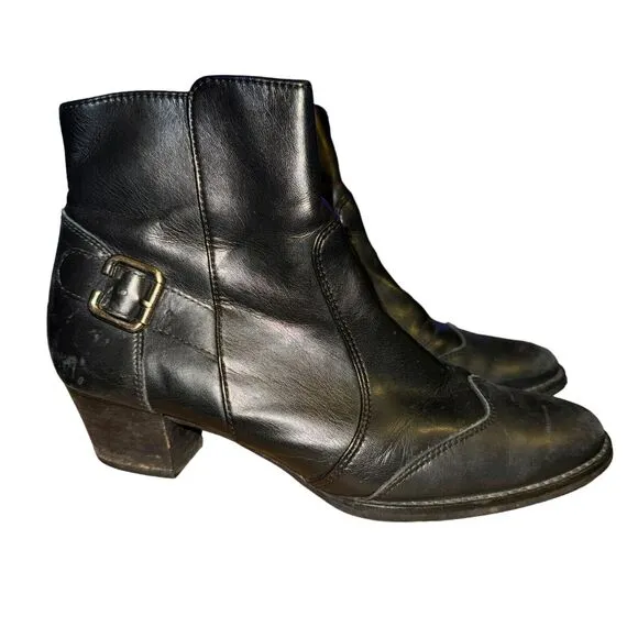 Paul Green Ankle Boots Women's Size 7 Black Leather Wingtip Buckle Side Zip