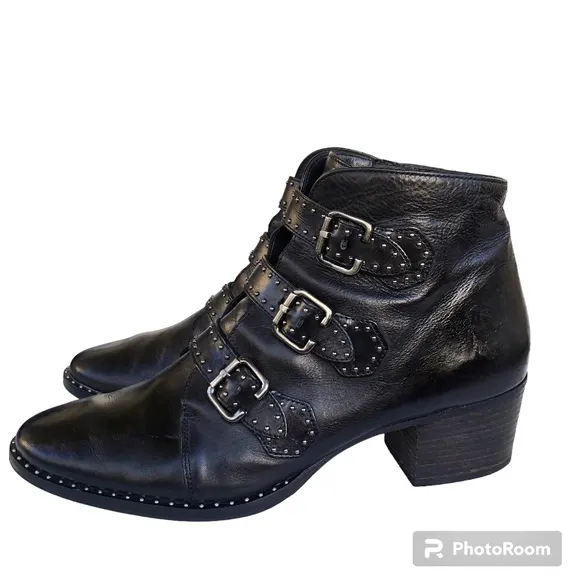 Paul Green Soho Boots Black Studded Buckle Leather Moto Ankle Boots Womens