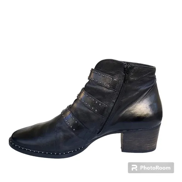 Paul Green Soho Boots Black Studded Buckle Leather Moto Ankle Boots Womens