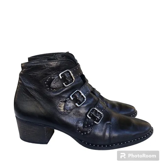 Paul Green Soho Boots Black Studded Buckle Leather Moto Ankle Boots Womens