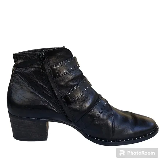 Paul Green Soho Boots Black Studded Buckle Leather Moto Ankle Boots Womens