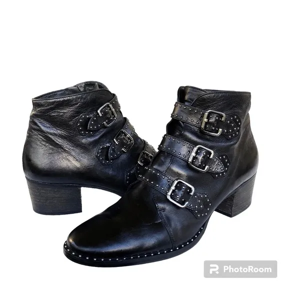 Paul Green Soho Boots Black Studded Buckle Leather Moto Ankle Boots Womens
