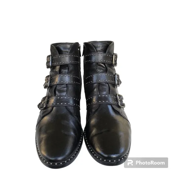 Paul Green Soho Boots Black Studded Buckle Leather Moto Ankle Boots Womens