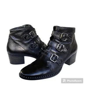 Paul Green Soho Boots Black Studded Buckle Leather Moto Ankle Boots Womens