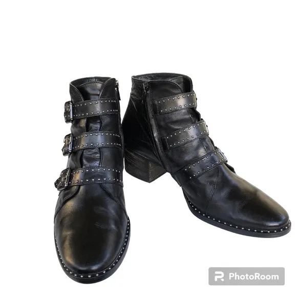 Paul Green Soho Boots Black Studded Buckle Leather Moto Ankle Boots Womens